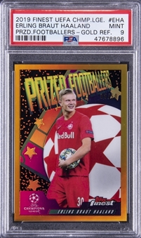 2019-20 Topps Finest UEFA Champions League Prized Footballers Gold Refractor #EHA Erling Braut Haaland Rookie Card (#05/50) - PSA MINT 9